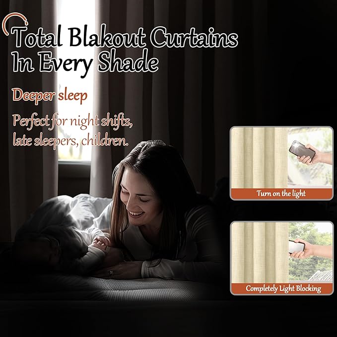 Linen Blackout Curtains 54 Inch Length 2 Panels for Bedroom, Thermal Insulated Total Light Blocking Noise Reducing Window Curtains for Farmhouse, Bronze Grommet, Cream, Each 52" Wide