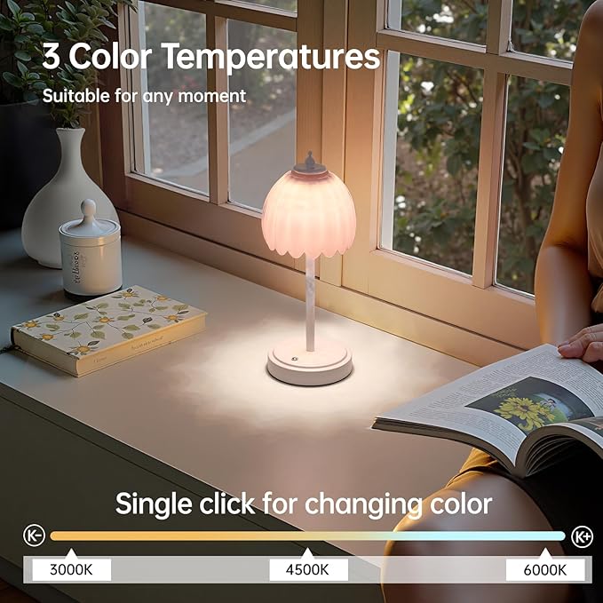Tulip Table Lamp with 5200mAh Battery & Touch Control, Cordless Small Table Lamp with 3 Colors, Dimmable Rechargeable Table Lamps for Living Room, Bedroom, Desk, Bedside (Creamy Pink Tulip)