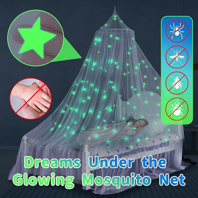 South to East Bed Canopy for Girls with Glowing Stars, Princess Canopy Bed Curtains for Kids, Starry Net Canopy for Girls Room Decor, Kids Bed Canopy for Single, Twin, Full, Queen Size Bed