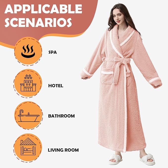Oksun Womens Long Fleece Robe: Soft Fluffy Warm Bathrobe - Cozy Winter Housecoat Nigthgown with Chic Piping