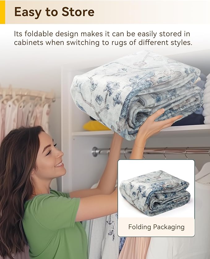 Area Rugs 3'x9' Washable Non-Slip, Floral Vintage Distress Print Pattern Medallion Carpet for Living Room Bedroom Dining Room, Light Blue Navy Beige Gray White