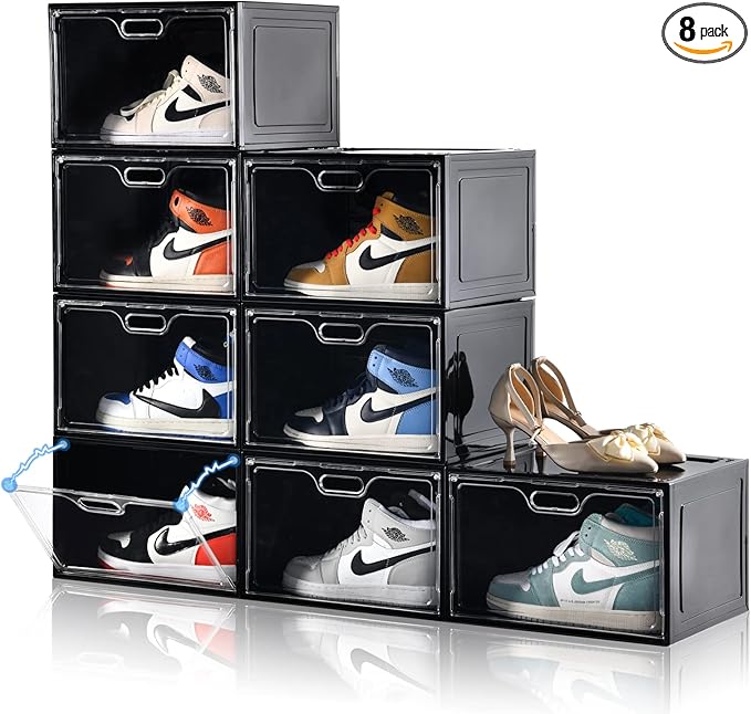 8 Pack Shoe Boxes Black Plastic Stackable, Large Shoe Storage Organizer,Drop Side Front Shoe Containers for Entryway,Sneaker Storage Fit up to US Size 13 for Men/Women(13’’x 10.6”x 8.3”)
