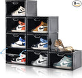 8 Pack Shoe Boxes Black Plastic Stackable, Large Shoe Storage Organizer,Drop Side Front Shoe Containers for Entryway,Sneaker Storage Fit up to US Size 13 for Men/Women(13’’x 10.6”x 8.3”)