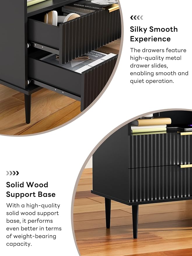 Nightstand with Charging Station, Wide Fluted Nightstand, Wood for Bedroom, Black Dresser with Storage Drawers, Bedside Table with Metal Handle & Leg (Black Set of 2, 23.3)