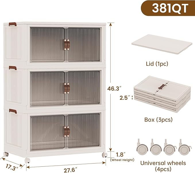 SAILUN 95Gal/381Qt Stackable Storage Bins Folding Collapsible Storage Bins with Lid, Closet Organizers and Storage Box with Door Beige 28" W x 17" D x 46" H