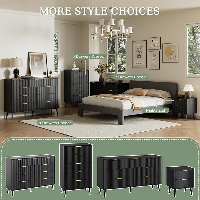 LYNSOM Fluted 9 Drawer Dresser for Bedroom, 55" Wide Modern Chest of Drawers with Curved Profile Design and Metal Handles, Wood Dresser TV Stand & Storage Organizer for Bedroom, Hallway, Black