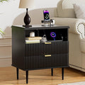 Modern Nightstand with Charging Station, 2-Drawer Fluted Wood Bedside Table with USB, Type-C & AC outlets, Open Storage. Perfect for Your Bedroom (Black, 23.3")