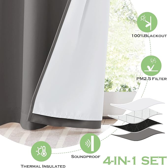KGORGE Anti Dust Soundproof 100% Blackout Curtains 4 Layers Heavy Duty Energy Efficiency Window Curtains for Living Room Baby Bedroom Home Office Studio, Wide 52 x Long 95 inches, Grey, 2 Panels