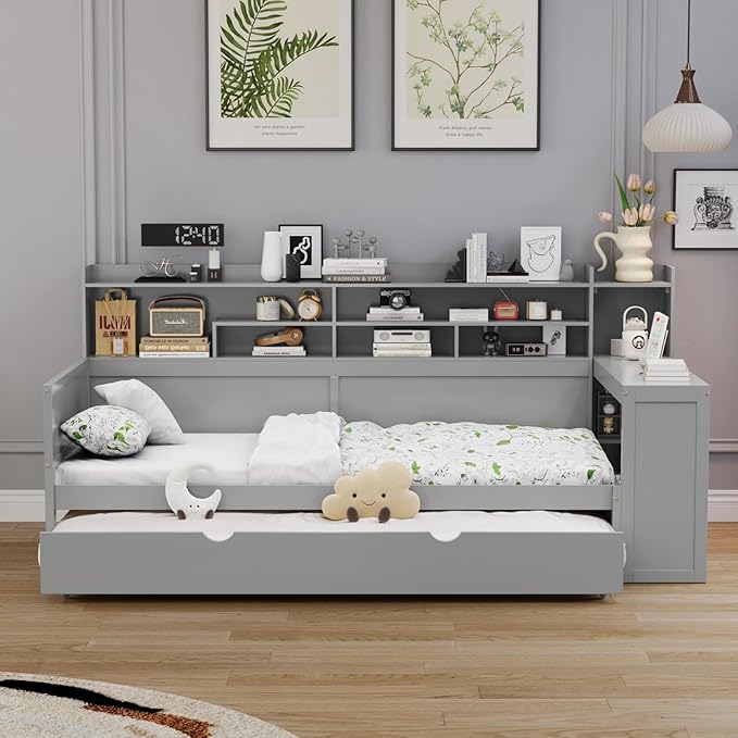 Merax Twin Size Corner Bed Frames with Desk and Trundle & Storage Shelves Headboard, Pinewood U-Shaped Captain Daybed for Small Room, Bedroom, Guest Room, Kids' Room, Grey