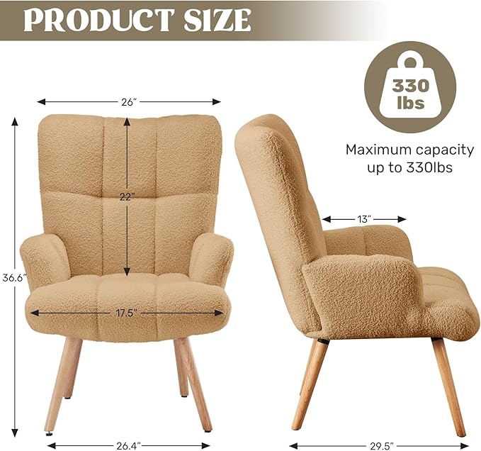 Joysoul Modern Accent Chair, High Back Arm Chair with Wood Legs Sofa Seat Teddy Fleece Fabric Reading Chair for Living Room Bedroom Waiting Room (Brown)
