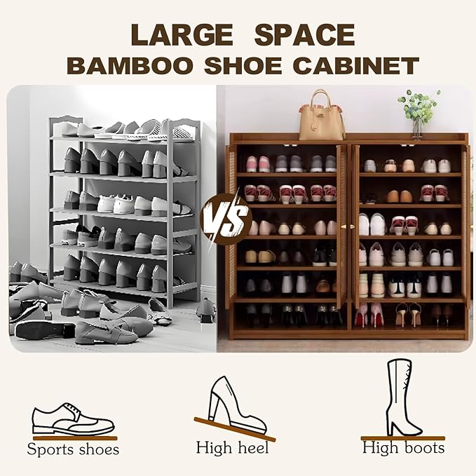 Bamboo Shoe Cabinet, 36-40 Pairs 8 Tier Shoe Rack with Doors, Freestangding Shoe Cabinet Organizer with Shelves, 43" Tall Shoe Rack Organizer for Entryway, Closet, Hallway