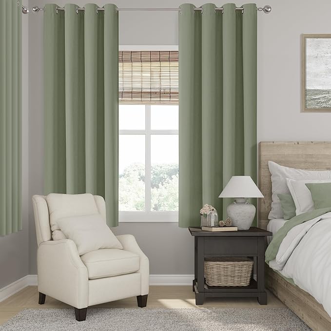ChrisDowa 100% Blackout sage Solid Curtains 63 Inches Long 2 Panels for Bedroom Living Room,Farmhouse Room Darkening Thermal Insulated Soundproof Grommet Top Window Treatment Drapes,52x63
