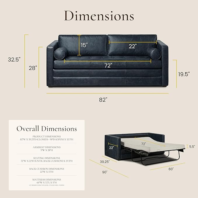 Poly & Bark Napa 82" Leather Pull‑Out Sleeper Sofa – Full‑Grain Italian Leather Upholstery,Tri‑Layer Mattress & Storage Console –Sophisticated Multi‑Functional Sofa Bed for Living Rooms & Guest Spaces