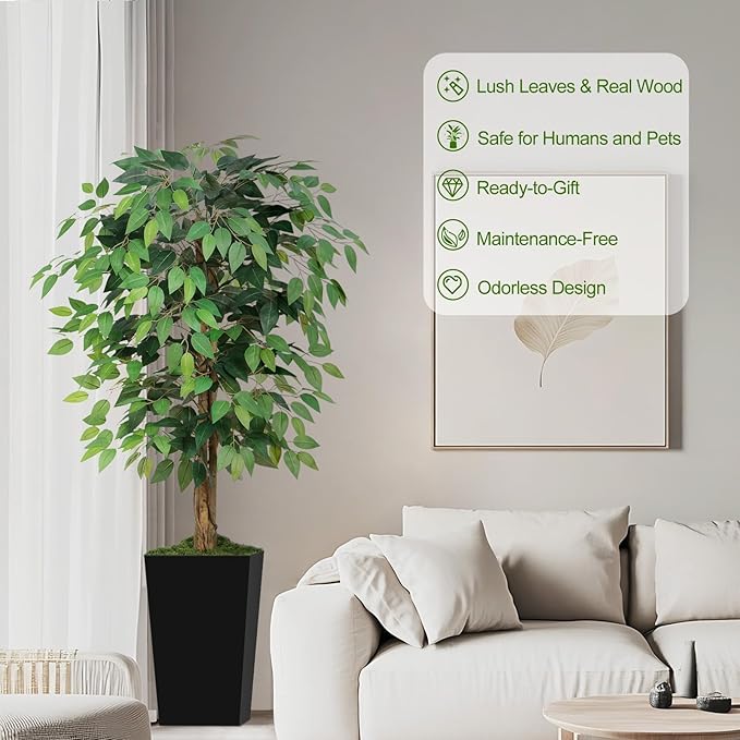 5ft Ficus Artificial Tree with 3 Natural Curved Trunks, 60" Tall Lush Faux Tree for Home Decor Indoor, Green Lifelike Fake Ficus Tree with Black Planter Pot