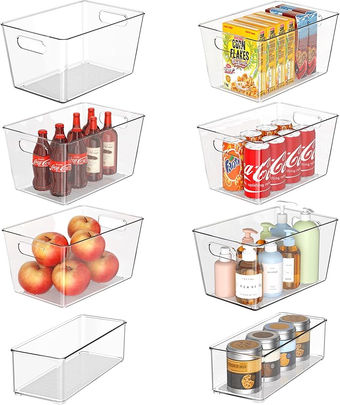 Set of 8 Clear Plastic Storage Bins, 6 Large +2 Small Pantry Organizers and Storage Containers for Kitchen Organization, Home Storage Essentials for Office, Closet, Garage, Freezer& Bathroom