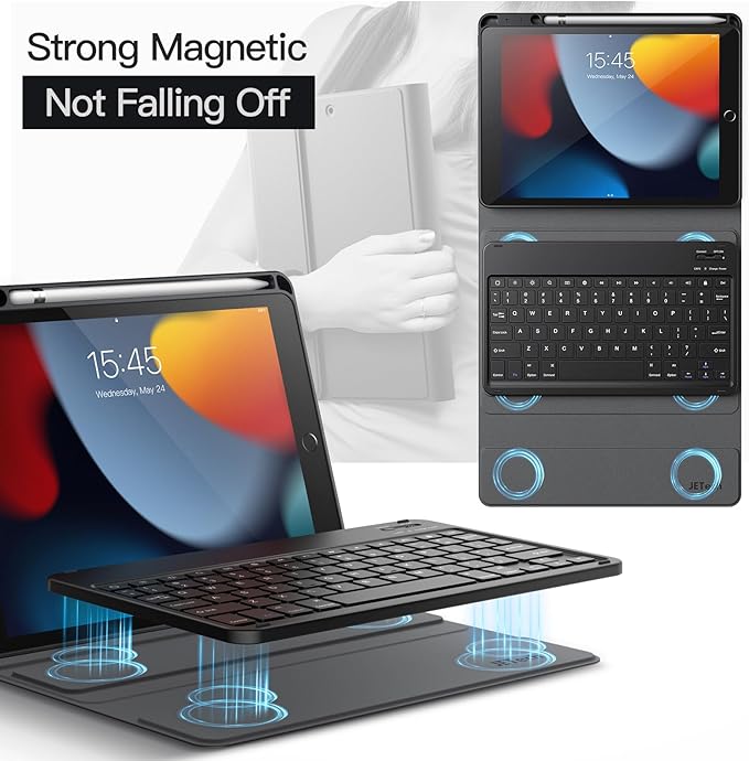 JETech Keyboard Case for iPad 10.2-Inch (2021/2020/2019 Model, 9th/8th/7th Generation) with Pencil Holder, Magnetic Detachable Bluetooth Wireless Keyboard, Soft TPU Back Stand Cover (Black)