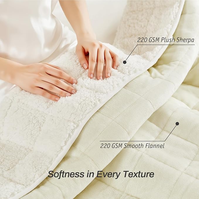Sherpa Fleece Adult Weighted Blanket, 15 Pounds Dual Sided Soft Plush Blanket for Couch Bed Sofa, Heavy Thick Blankets with Glass Beads Great for Sleep, 60 x 80 inches, Cream White on Both Sides
