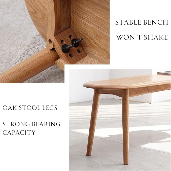 100% Solid Oak Dining Bench, Wood Bench for Bedroom End of Bed with Rounded Corners, Entryway Benches for Dining Room, Kitchen, Living Room (Natural Oak, 47.2")