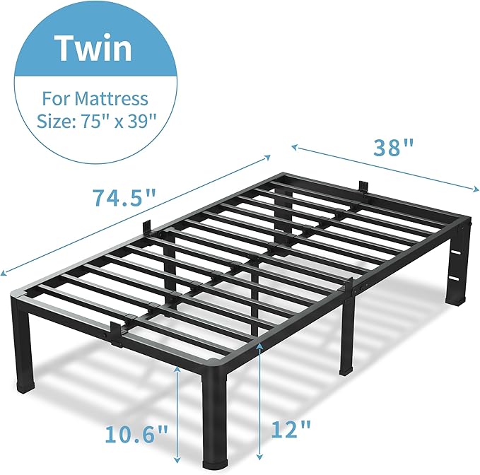 12 Inch Twin Size Bed Frame, 3500Lbs Heavy Duty Metal Platform with Round Corner Legs Mattress Slide Stopper, Steel Slat Support No Box Spring Needed, Noise Free, Non-Slip, Easy Assembly