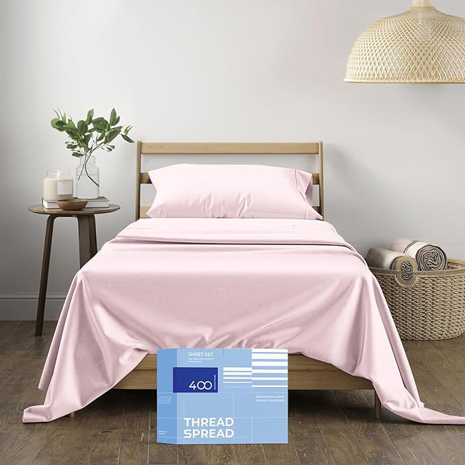 THREAD SPREAD Twin XL Sheet Sets Cotton - 400 Thread Count 100% Cotton XL Twin Sheets, 3 PC (Blush), Luxury Soft, Breathable, Cooling, Extra Large 16" Deep Pocket Sateen Bedsheet for Dorm Rooms