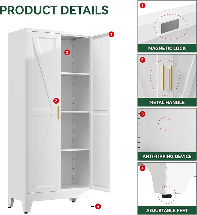Farmhouse Pantry Cabinet with Barn Doors,61" H x 27.5" W,Metal Cabinet with Adjustable Shelves,4-Tier Storage Cabinet for Kitchen Dining Room Garage,White