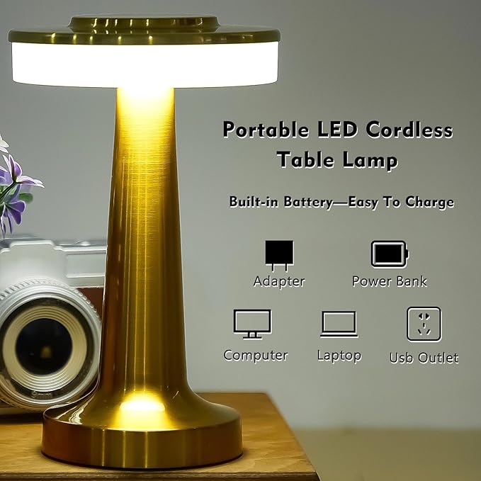 VIHOSE Cordless Table Lamps LED Portable Rechargeable Table Lamp with Touch Sensor 3 Color Dimming up to 15 Hours Battery Desk Light for Restaurant Nursery Living Room(Gold,8 Pcs)