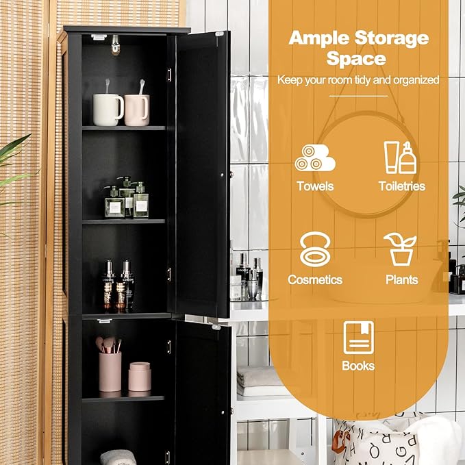COSTWAY Tall Bathroom Storage Cabinet, 5-Tier Freestanding Linen Tower Cabinet with 2 Doors, Wooden Side Storage Organizer, Narrow Slim Floor Cabinet for Bathroom, Living Room, Kitchen (Black)