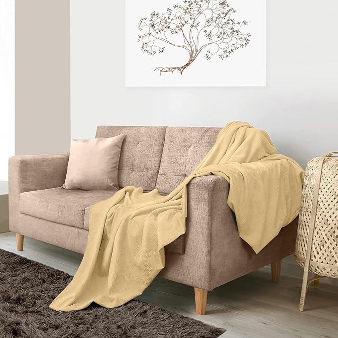 Avalon Bedding 100% Cotton Blankets Queen Size Thermal Blanket (90"x90") - Perfect Cotton Blanket Queen Size for Layering Bed in Any Season - Cotton Blankets for Bed (Beige)