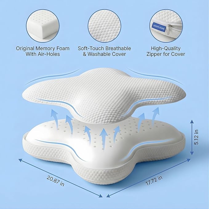 Dreamers Memory Foam Pillow for Side Sleepers – Cervical Neck Pillow for Side and Back Sleepers – Contoured Ergonomic Design for Shoulder and Neck Support - Includes Carry Bag