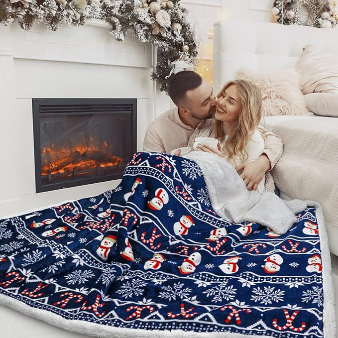 PAVILIA Premium Christmas Sherpa Throw Blanket | Christmas Decoration Gift, Fleece, Plush, Warm, Cozy Reversible Microfiber Holiday Blanket | Blue Christmas - 50x60