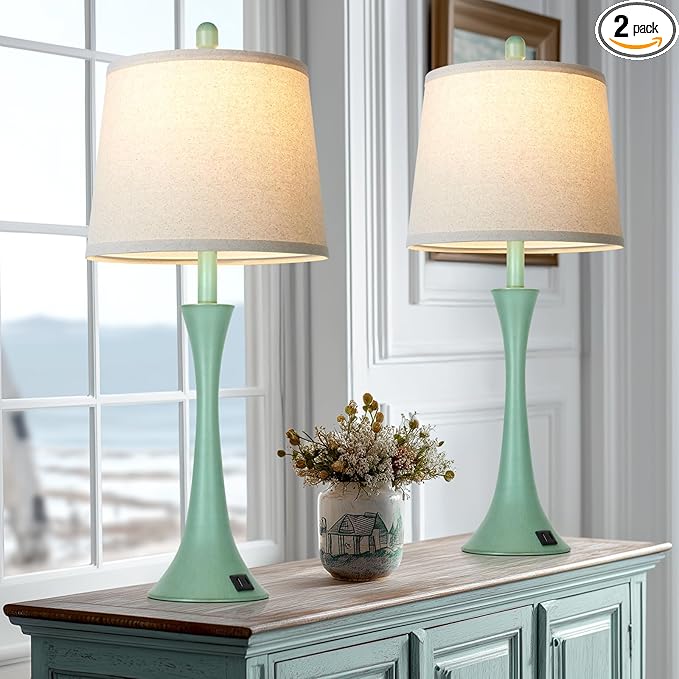 Coastal Modern Green Table Lamps Set of 2 for Living Room, 27.5" Tall Bedside Lamp with USB Charging Port,3-Way Dimmable Touch Nightstand Lamp for Bedroom Desk Side Table Office,Green