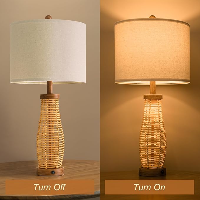 OYEARS 28" Table Lamps Set of 2 with Dual Night Lights, Bedside Lamps for Bedroom, Boho Lamp for Living Room, Rattan Table Lamp with Linen Shade, Farmhouse Lamp with Wood Grain Finish (Bulb Included)