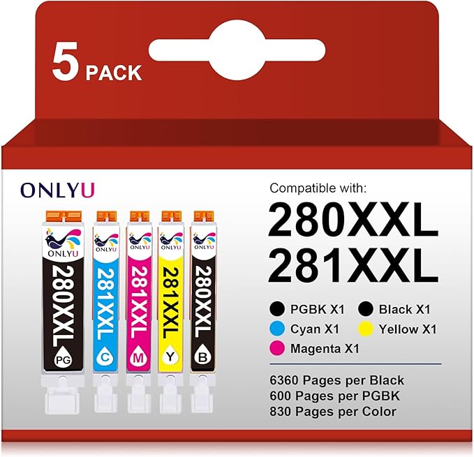 ONLYU 280XXL 281XXL Compatible for Canon Ink 280 and 281 Cartridges PGI-280XXL CLI-281XXL for Canon TR8520 Ink Cartridges for Pixma TR8620 TR8620a TS6320 TR7520 TS6120 TS6220 TS8220 TS9520 (5 Packs)
