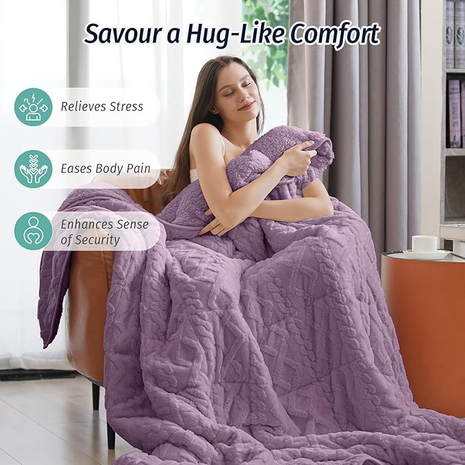 Wemore Weighted Blanket for Adults Twin Size 20 lbs, Dual Sided Soft Fuzzy Jacquard Sherpa Weighted Blankets for Sleeping, Cozy Fluffy Knitted Heavy Blanket for Couch Bed, Purple, 60 x 80 inches