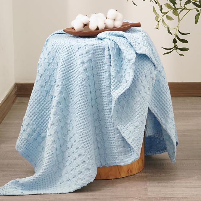 PHF 100% Cotton Waffle Weave Throw Blanket, Soft Lightweight Breathable Cozy Throws for Couch Bed Sofa, Luxury Aesthetic Woven Blanket for Home Decor & Office, 50"x60", Baby Blue