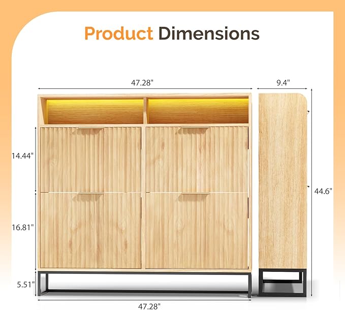 VINGLI Fluted Shoe Cabinet Storage for Entryway,Hidden Shoes Storage Cabinet with 4 Flip Drawers, Mid Century Modern Shoe Rack with LED Light,Shoes Organizer with Cubby for Hallway(Natural Oak)