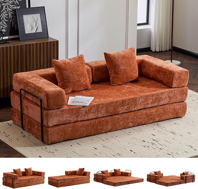 4-in-1 Convertible Folding Sleeper Sofa Bed, Fold Out Floor Sofa Couch with Fixed-Shape Frame, Cloud Corduroy Foldable Mattress Couch for Living Room Bedroom (78.5" Chenille, Orange)
