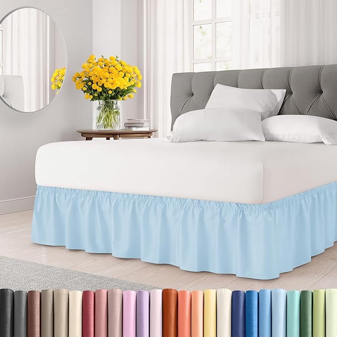 Wrap Around Dust Ruffle Bed Skirt - Light Blue - for Queen Size Beds with 21 Inch Drop - Elastic Strap - Adjustable Pleated Bedskirt with Brushed Fabric and Wrinkle Free - For Women, Men, Kids & Teens