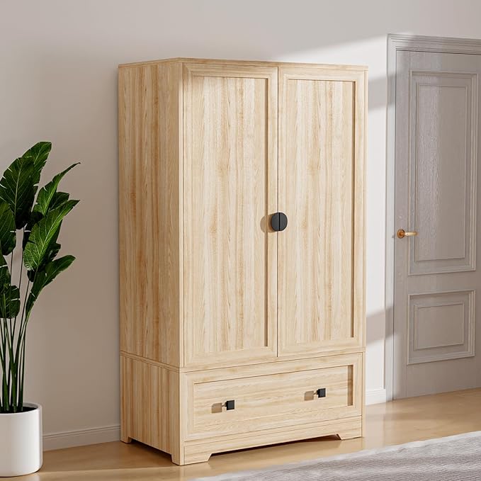 VINGLI Armoire Wardrobe Closet With Doors, Hanging Rod, Shelves and Drawer - Freestanding Cabinet for Bedroom, Dorm - Oak, 38" W x 21" D x 65" H