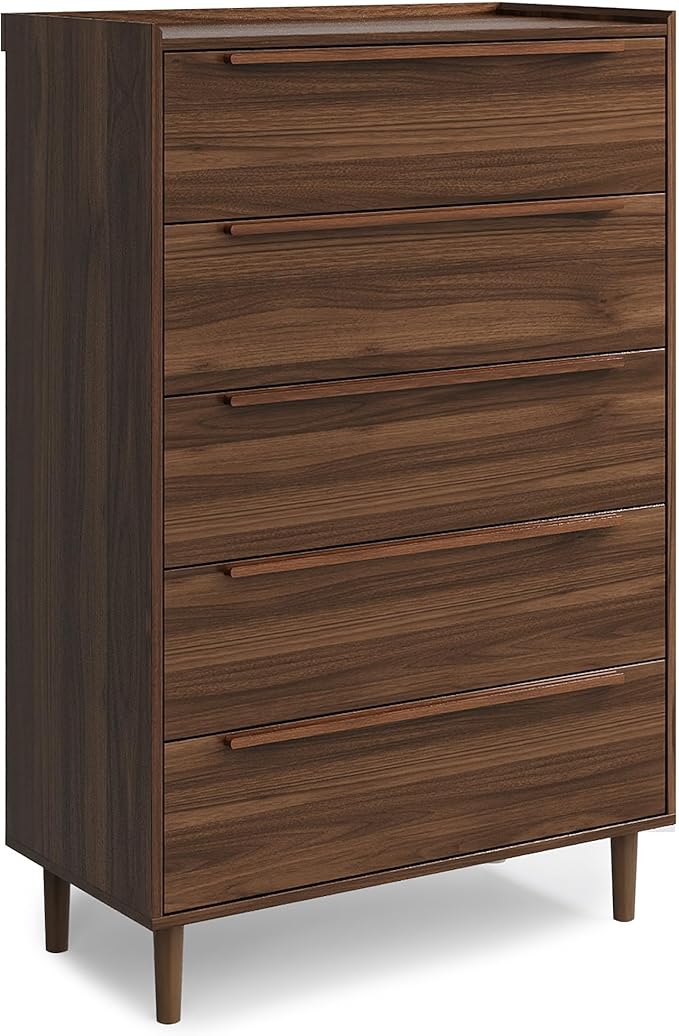 48" Tall Walnut Dresser for Bedroom, Mid-Century Modern 5 Drawer Chest of Drawers with Natural Wood Grain, Slim Vertical Storage Cabinet with Raised Edge Top, Anti-Tip Kit