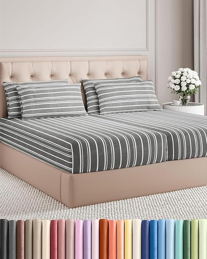 Split King 7 Piece Sheet Set - Cooling & Breathable - Hotel Luxury Bedding Includes Fitted Sheets for Women, Men, Kids & Teens - 1 Flat, 2 Fitted Sheets, 4 Pillowcases w/Deep Pockets - Grey Stripes