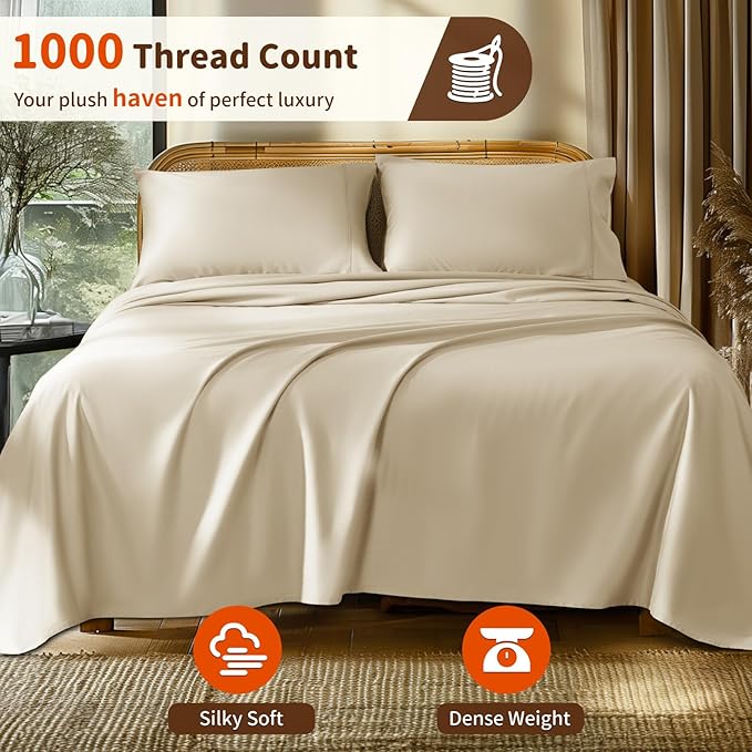 LBRO2M 1000 Thread Count 100% Egyptian Cotton Sheets Set Twin XL, 3 Piece Sets Bed Sheet Deep Pocket Sheet Set 16" Soft Comfortable All Season (Twin XL, Linen)