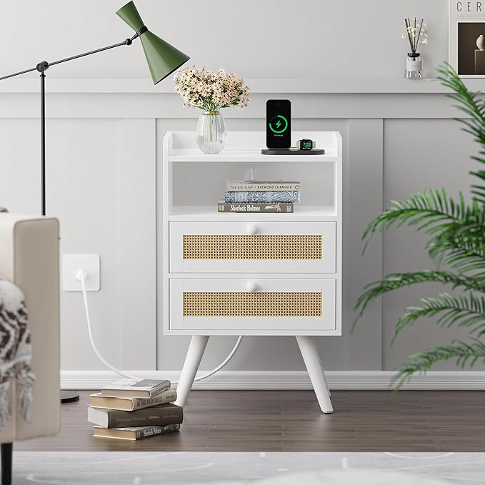SUPERJARE 2 Drawer Night Stand with Charger Station, Boho Rattan Nightstand Set of 2, 25.2 Inch Tall Bed Side Table with Solid Wood Feet, End Table, Open Storage, Synthetic Rattan, for Dorm, White