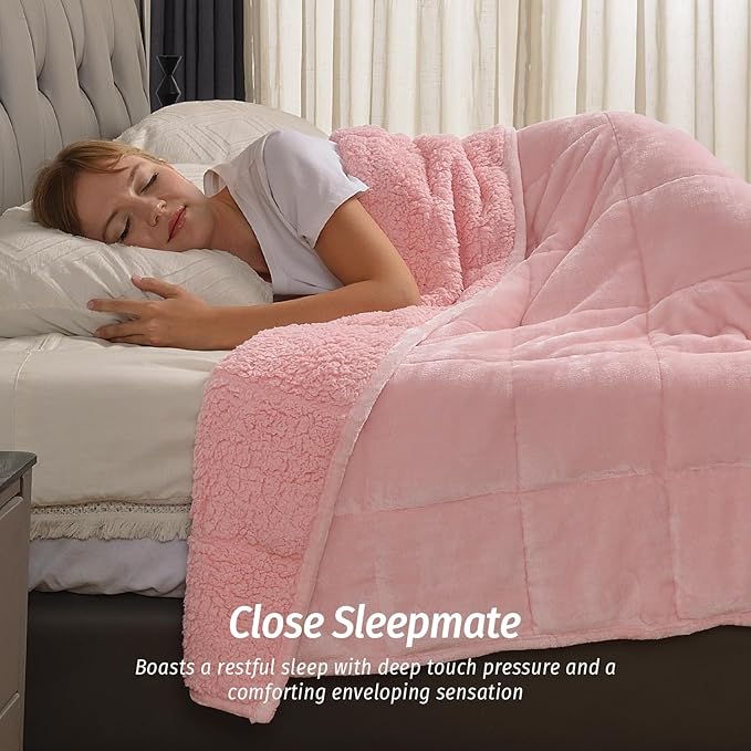 Wemore Sherpa Fleece Weighted Blanket for Adult, 20 lbs Dual Sided Cozy Fluffy Heavy Blanket, Ultra Fuzzy Throw Blanket with Soft Plush Flannel Top, 60 x 80 inches Pink on Both Sides