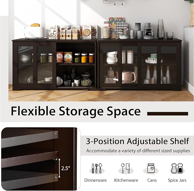 Costzon 2-Pack Wooden Kitchen Storage Cabinet with Adjustable Shelf, Sliding Glass Doors, Accent Coffee Bar Cabinet Console Table for Living Room, Dining Room, Hallway