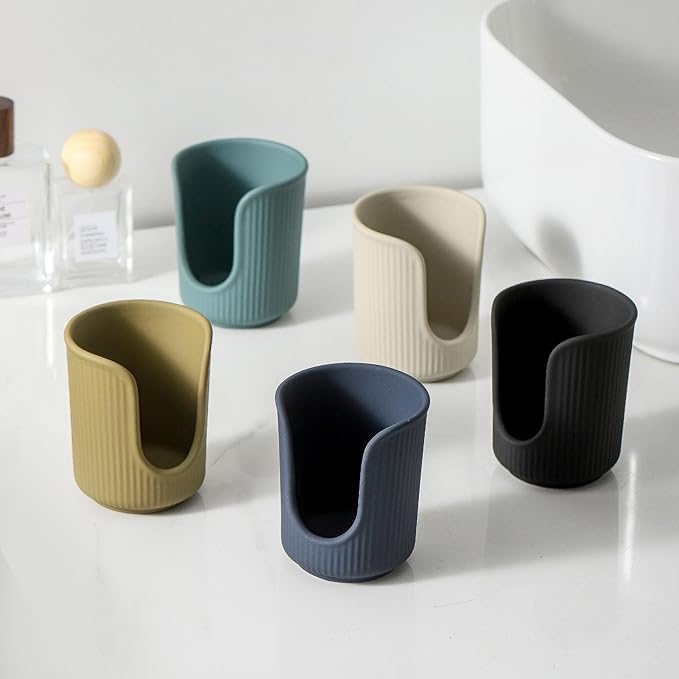 Ceramic Bathroom Cup Dispenser with Stylish Vertical Stripes - Disposable Mouthwash Cup Holder Holds 3-4oz Paper Cups for Rinsing Cups on Bathroom Vanity Countertops (Matte Beige)