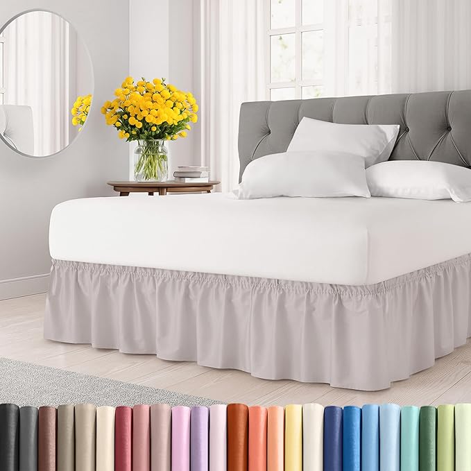 Wrap Around Dust Ruffle Bed Skirt - Light Grey - for Queen Size Beds with 21 Inch Drop - Elastic Strap - Adjustable Pleated Bedskirt with Brushed Fabric and Wrinkle Free - For Women, Men, Kids & Teens
