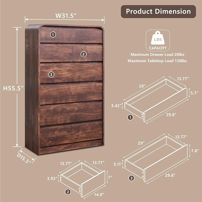 Modern 7 Drawers Dresser for Bedroom, 55" Tall Dressers & Chest of Drawers w/Curved Profile Design, Wood Mid Century Vertical Storage Dressers Organizer for Bedroom, Living Room, Brown