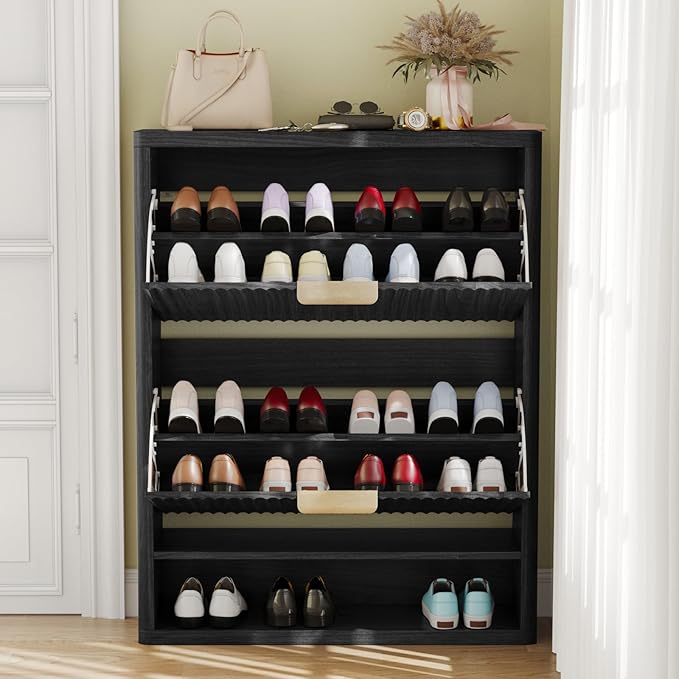 Fluted Shoe Cabinet Storage with 2 Flip Drawers, Narrow Shoe Storage Organizer for Entryway, Hidden Slim Wooden Shoe Rack Cabinet for Front Door Entrance, Hallway, Living Room (2-Drawer, Black)