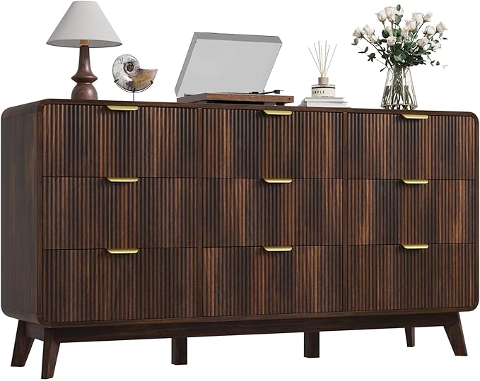 QUW Fluted 59.1" Wide Modern Dresser for Bedroom with 9 Drawers, Tall Chest of Drawers with Metal Handle, Wooden Dresser TV Stand, Hallway, Living Room, Dark Walnut